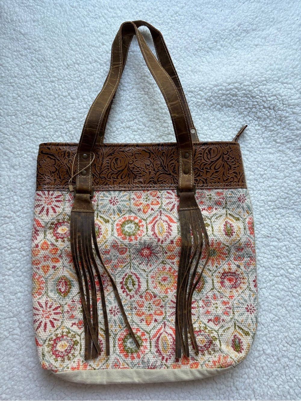 NWOT Pokoloko Floral Patchwork Boho Cotton Canvas & Leather Fringe Tote Bag
